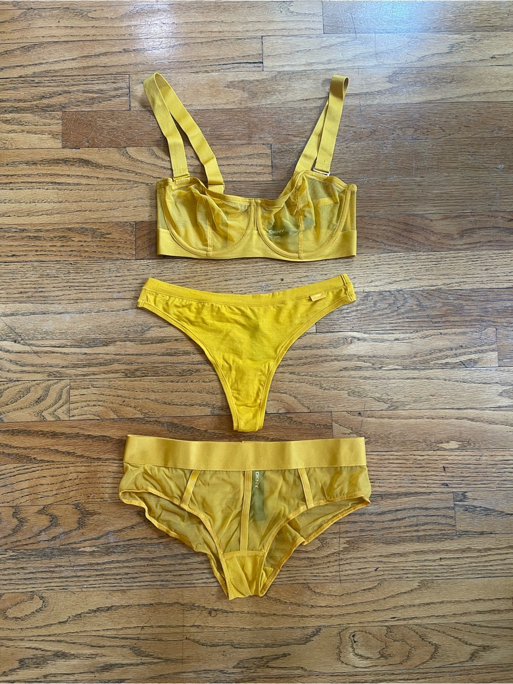 DKNY Yellow Mesh Sheer Balconet Lingerie Set - 3 Pieces